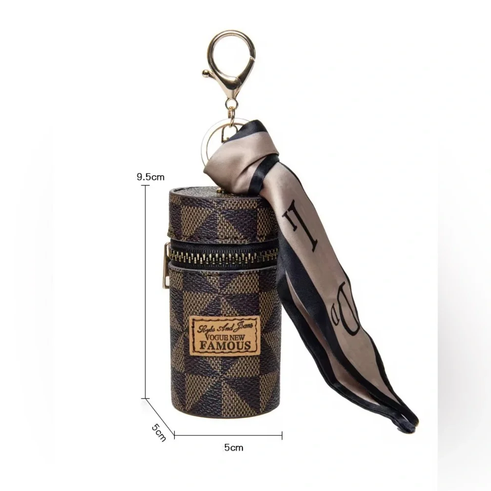 Luxury Inspired Lipstick Holder Keychain Mini Cosmetic Case Brown Checkered - Picture 1 of 3